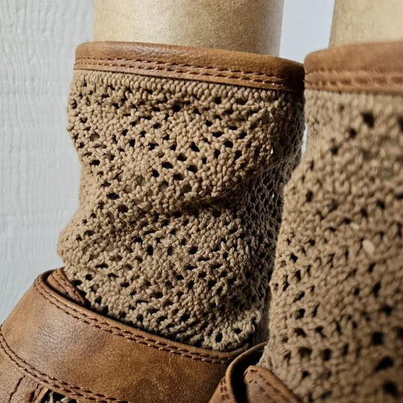 Slouchy moto boot - leather & crochet, Cognac, Women's size 9. - Picture 3 of 10